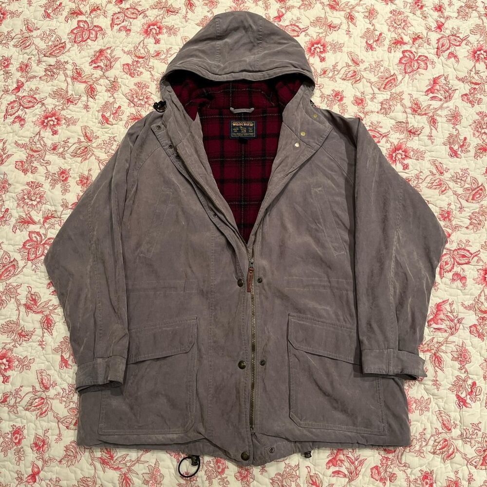 Vintage 90s Woolrich Mens L Gray Green Snap Zip Jacket Coat